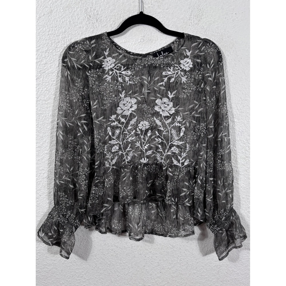 Lulus Blouse Womens Medium Gray Sheer Embroidered Peplum Ruffle Long Sleeve